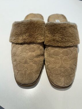 Coach Suede Shearling Mule Slippers in Tan